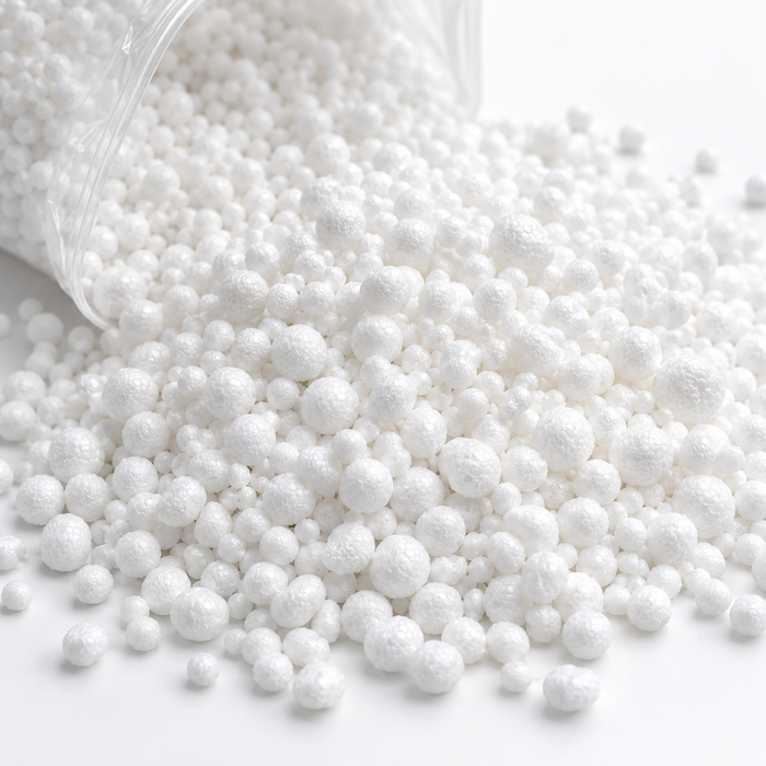 Détail des billes de polystyrène utilisées pour garnir les poufs