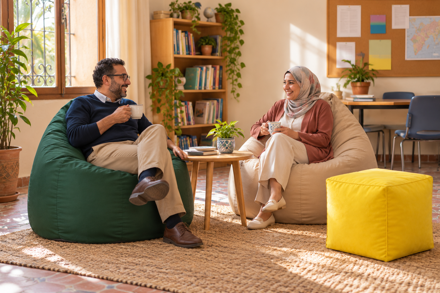 Salle de pause de l’équipe éducative avec les poufs Monpouf