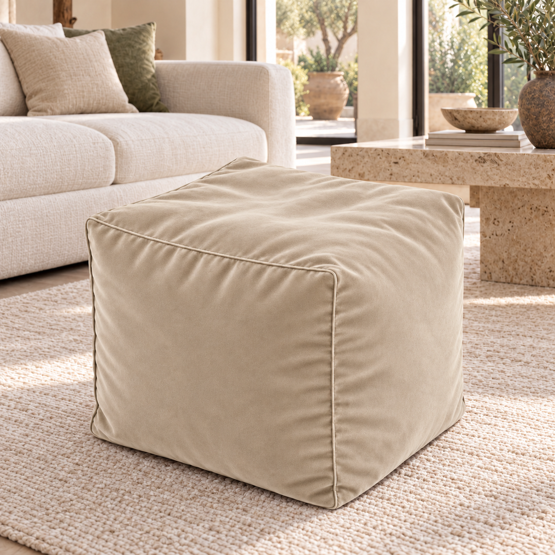 Pouf cube en velours Beige clair – 50 × 50 × 50 cm