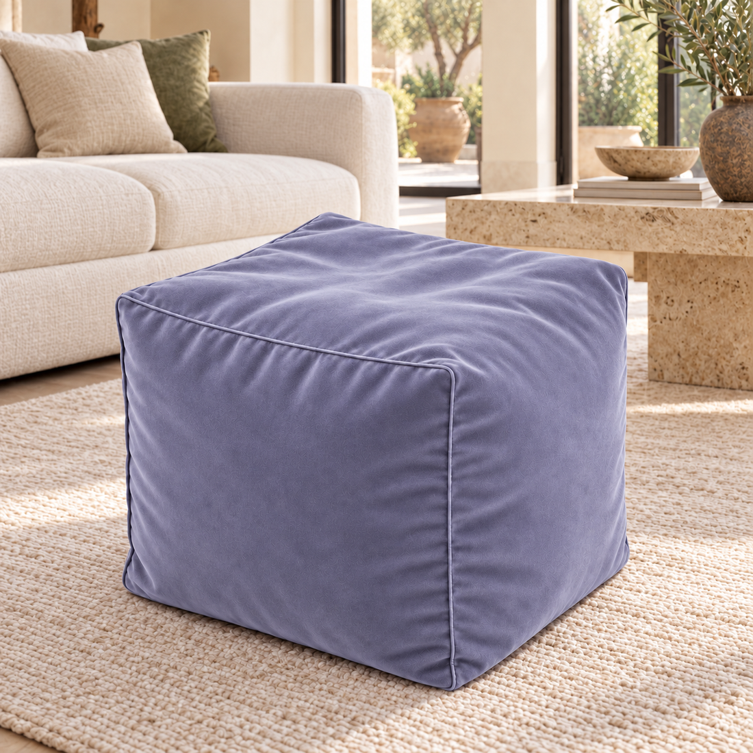 Pouf cube en velours Bleu perle – 50 × 50 × 50 cm