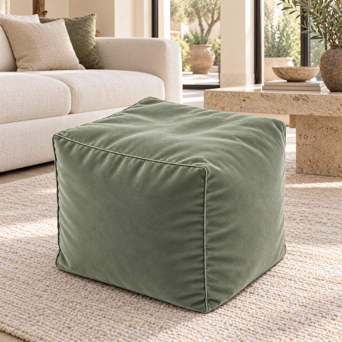 Pouf cube en velours Vert sauge – 50 × 50 × 50 cm