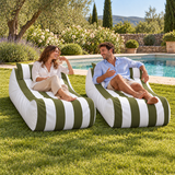 Pouf transat rayé Kaki et blanc – 170 × 70 cm
