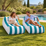 Pouf transat rayé Turquoise et blanc – 170 × 70 cm