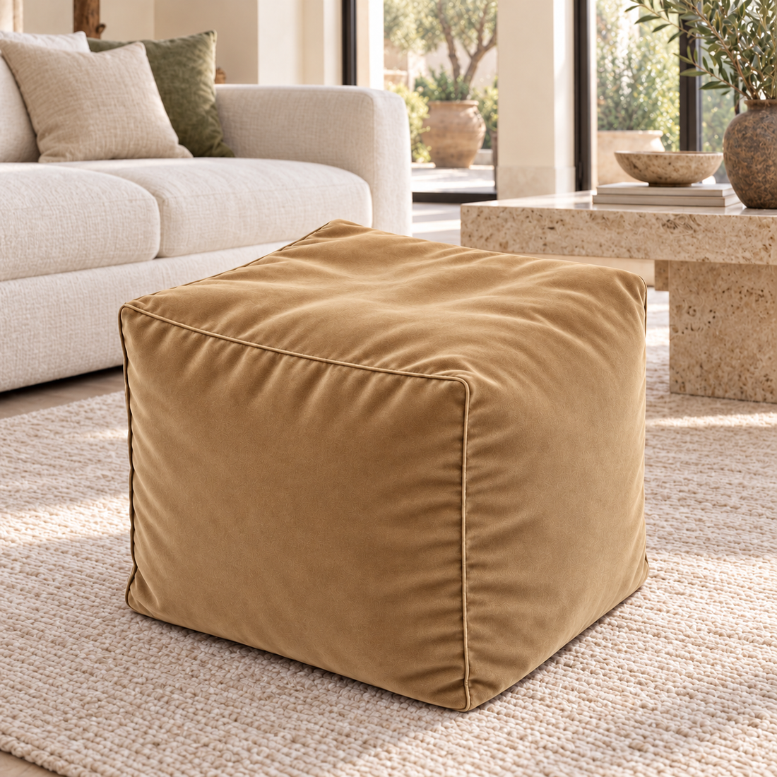 Pouf cube en velours Beige sable – 50 × 50 × 50 cm