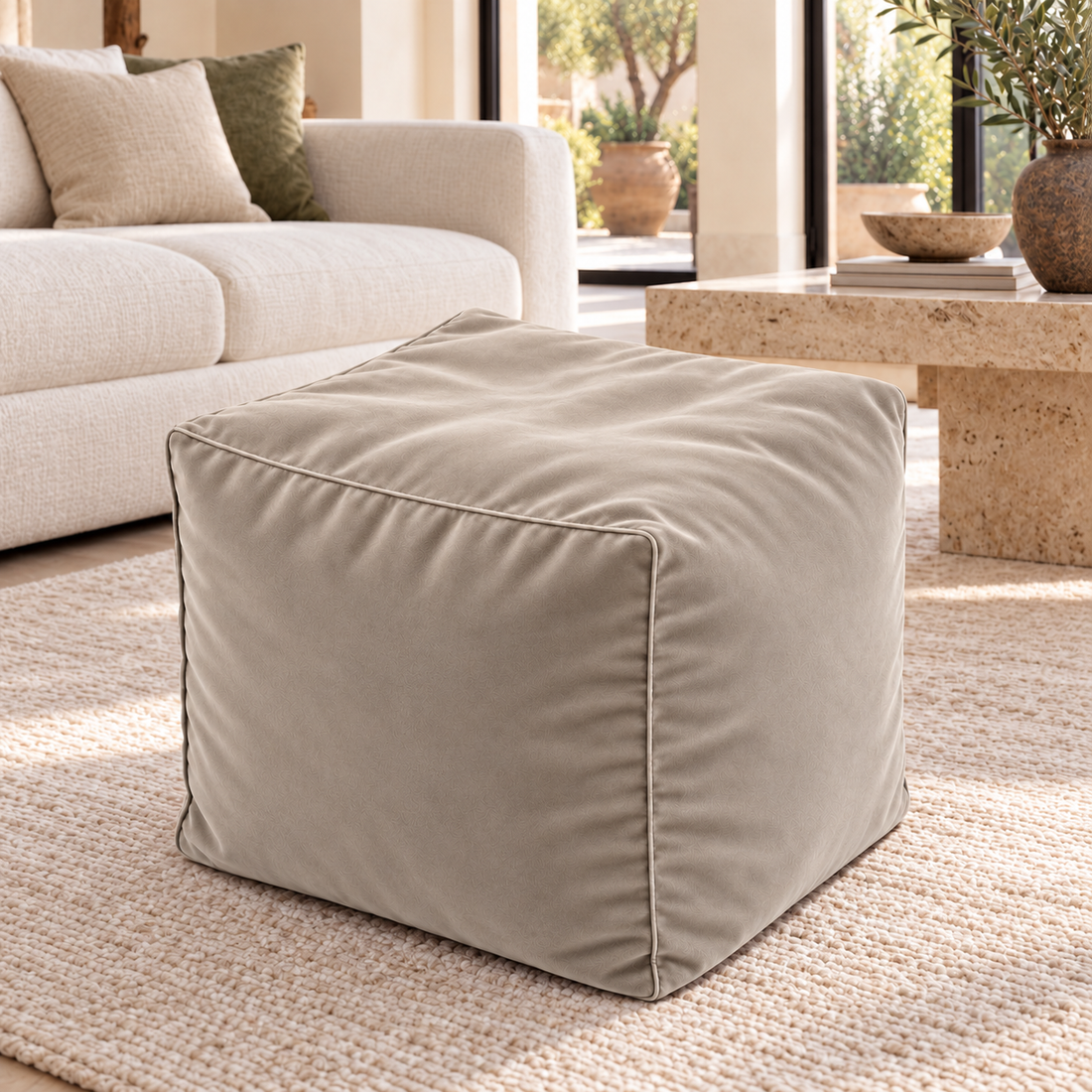 Pouf cube en velours Grège clair – 50 × 50 × 50 cm