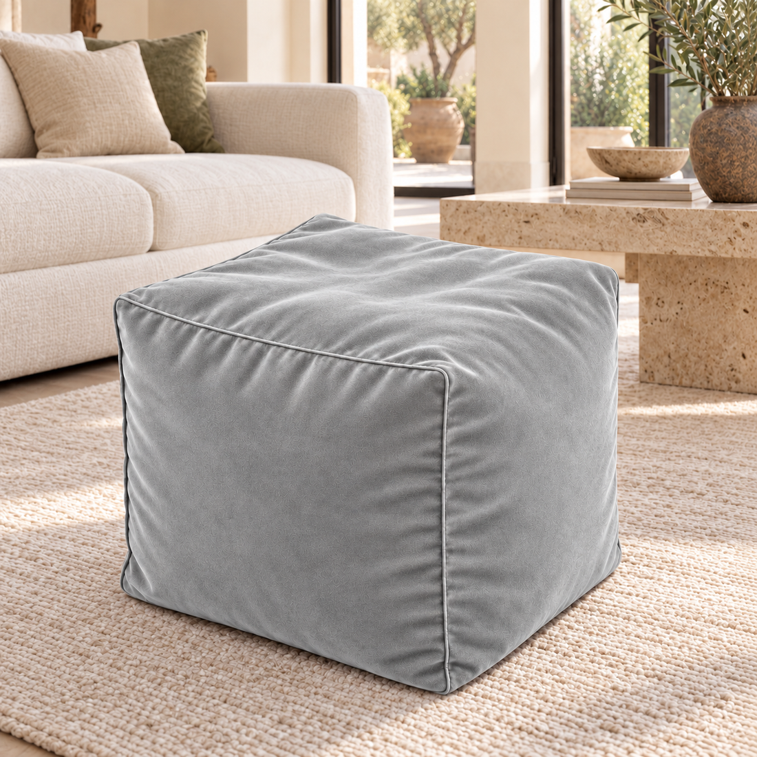 Pouf cube en velours Gris clair – 50 × 50 × 50 cm